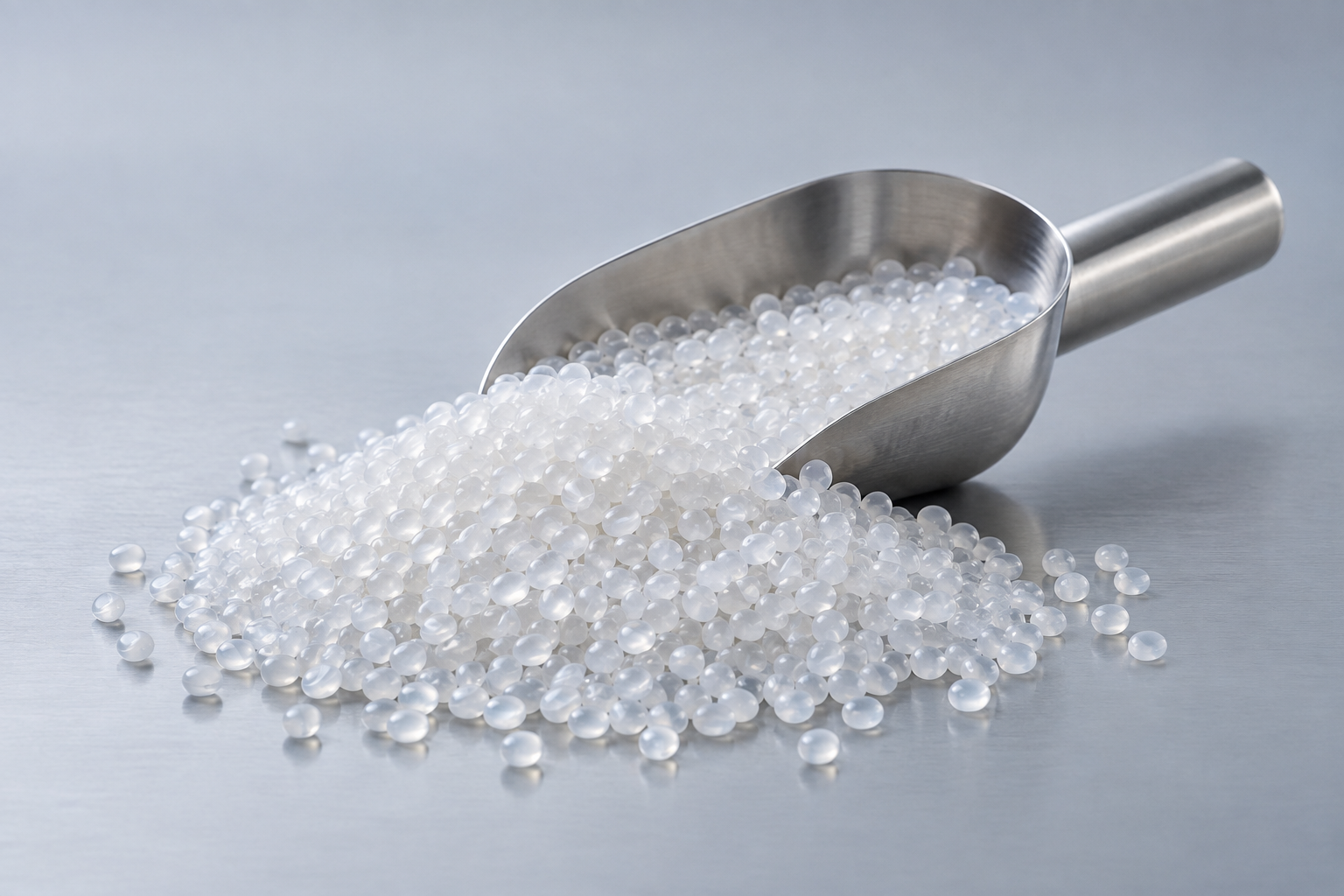 Illustrative polymer resin pellets and sample scoop